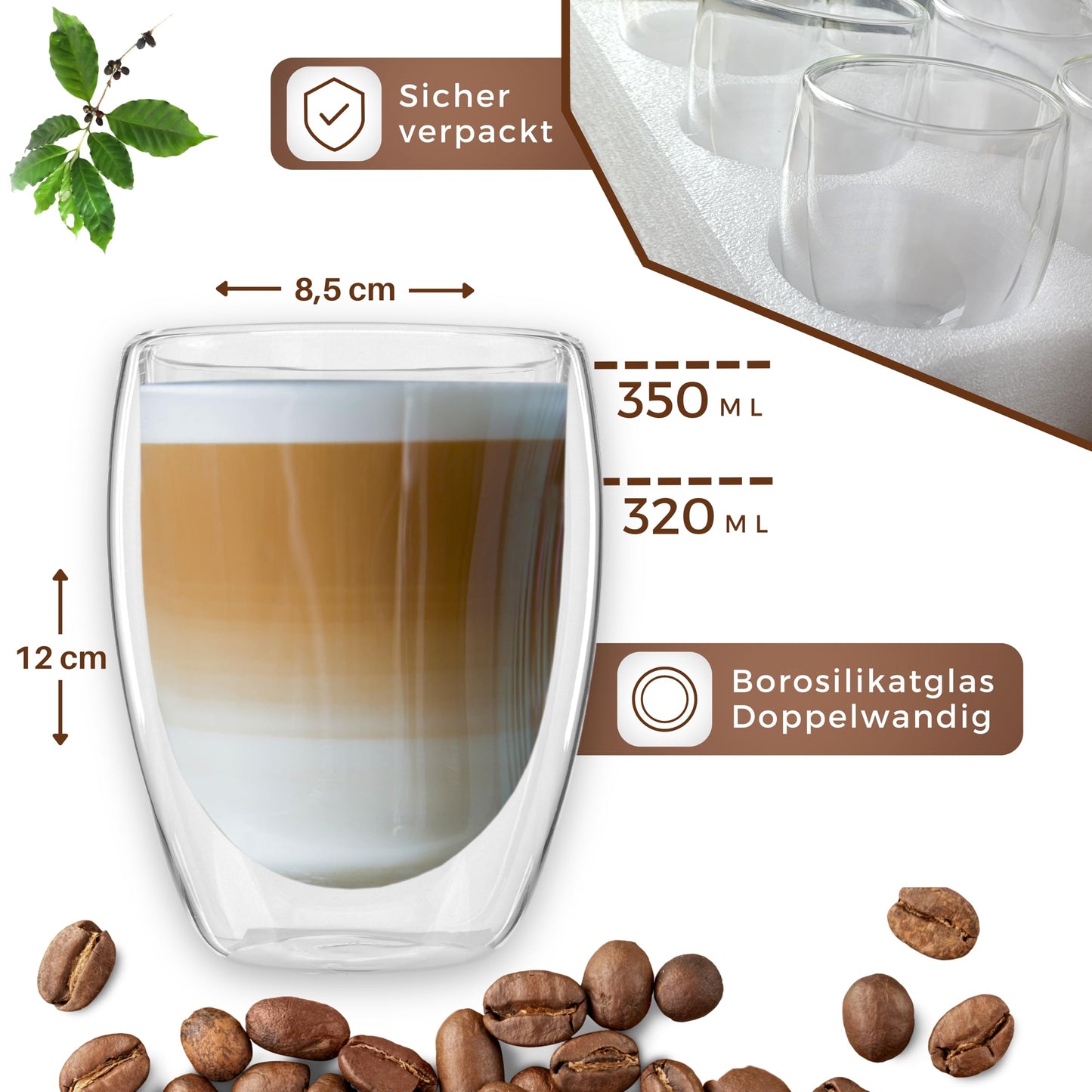 LAPRESO® Latte Macchiato Gläser doppelwandig 6er Set 350ml - Doppelwandige Gläser modernes Design Cappuccino Tassen Teegläser aus Borosilikatglas